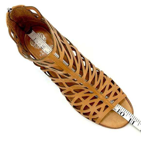 Vince Camuto Open Toe Bootie Sz 10 Tan/Brown Cut-Out Leather Stacked Block Heel - Picture 6 of 16